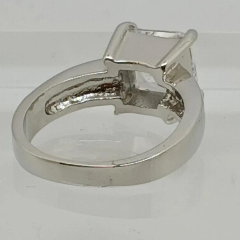 Vintage 90s Princess Cut Sim Diamond Solitaire Ring Silver Tone Wide Band Size 9